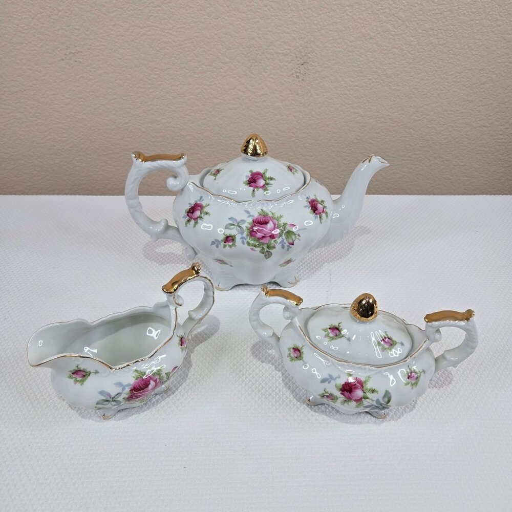 Vintage Lefton Elegant Rose Porcelain Tea Set Teapot Creamer Sugar Bowl